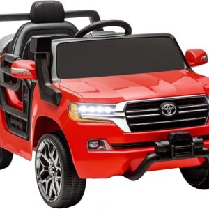 Qaba 12V Electric Car for Kids Toyota Land Cruiser Licensed Kids Car Red | Parent Remote Control, Four Wheel Spring Suspension, Soft Start, LED Light, Music, Horn